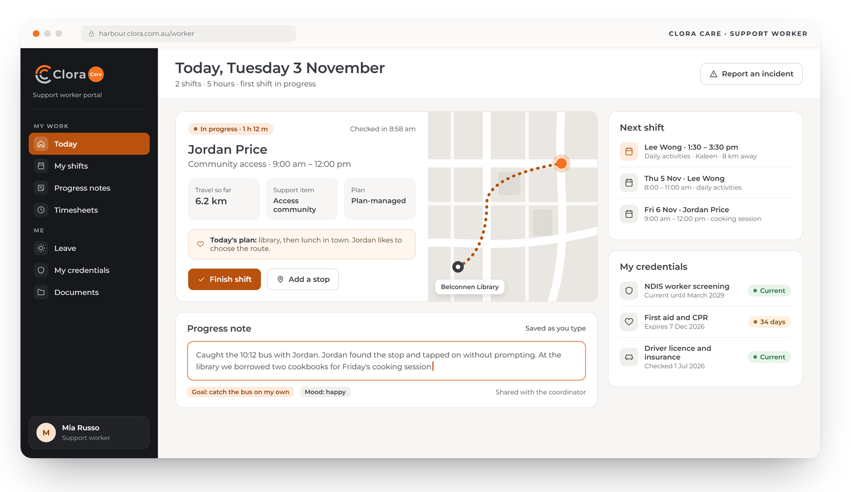 Clora Care support worker portal: the shift in progress with a route map, the plan for the visit, a progress note being written and the worker's credentials