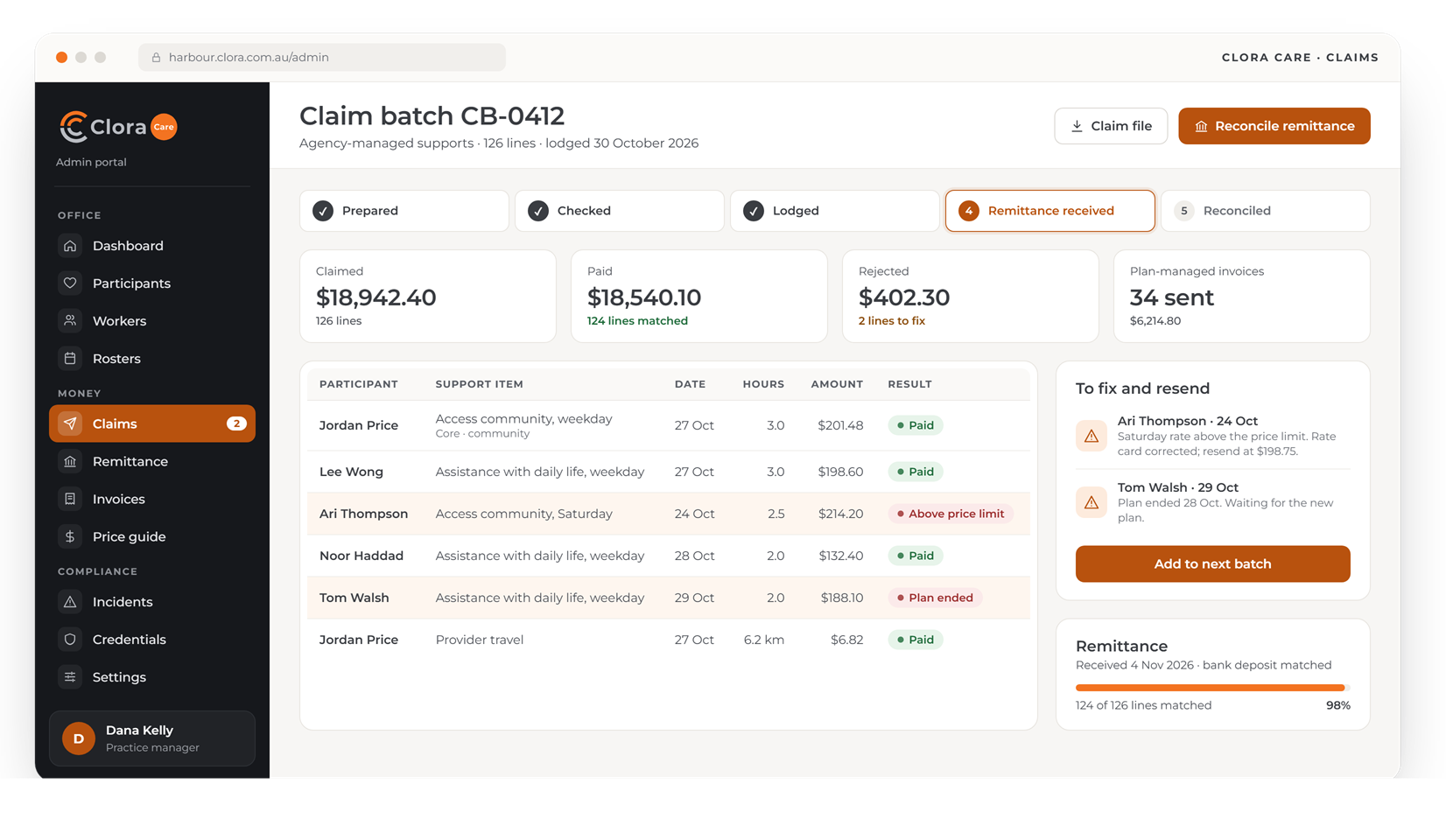 Clora Care admin portal: a claim batch with paid and rejected lines, totals claimed and paid, the lines to fix and the remittance matched
