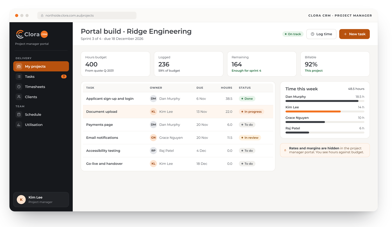 Clora CRM project manager portal: a project with hours against budget, its tasks and status, and time logged this week, with rates hidden
