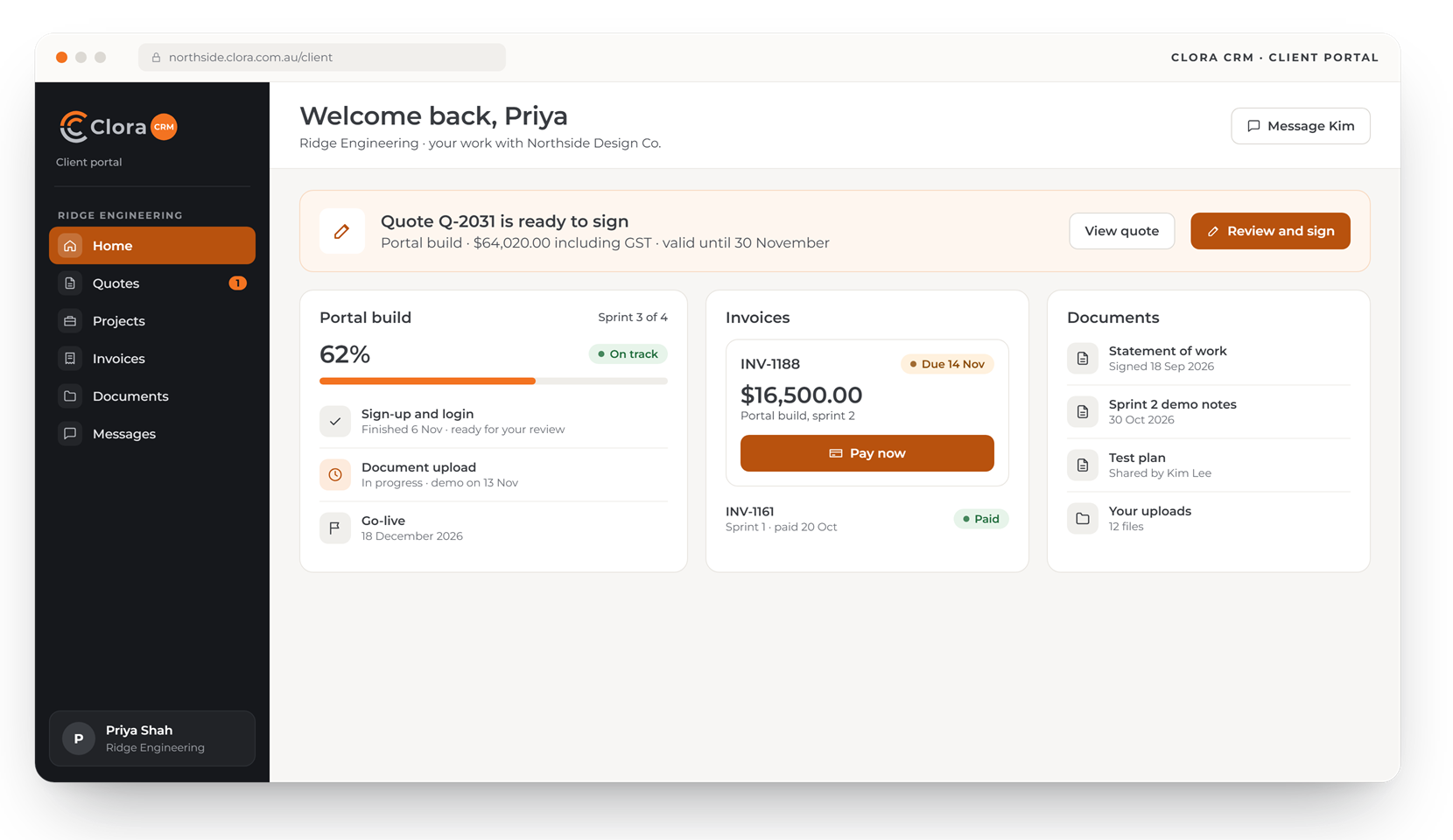Clora CRM client portal: a quote ready to sign, project progress, an invoice to pay and shared documents