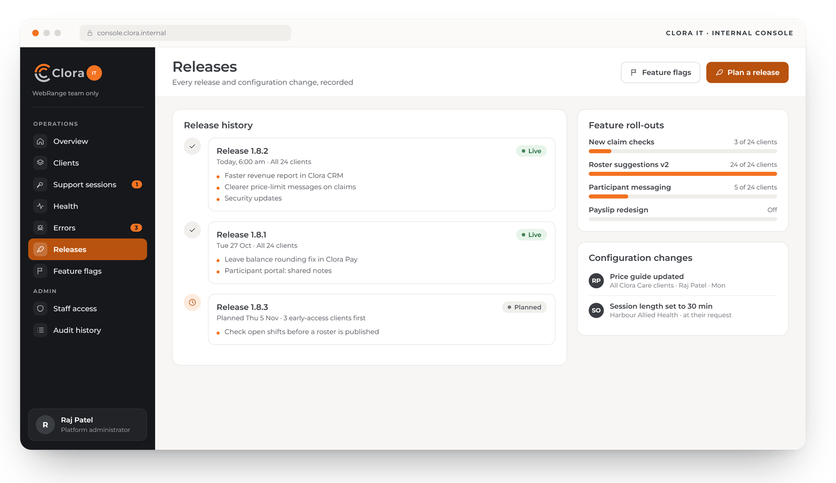 Clora IT console: release history, feature roll-outs by number of clients, and configuration changes