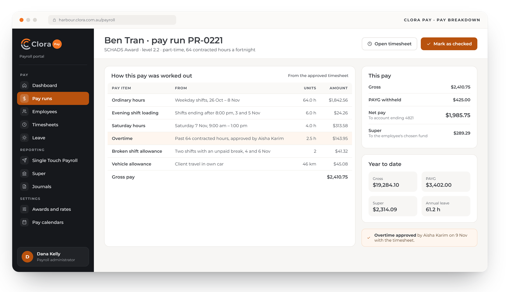 Clora Pay payroll portal: how one employee's pay was worked out under the SCHADS Award, line by line from the timesheet