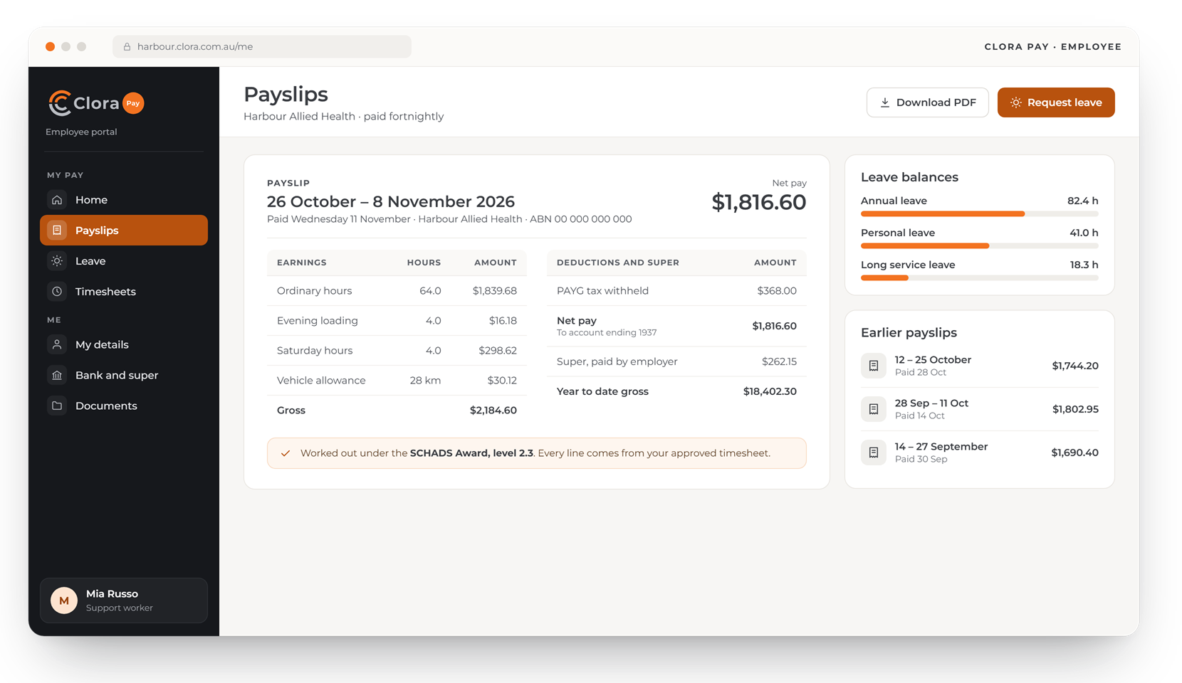 Clora Pay employee portal: a payslip with earnings, deductions and super, leave balances and earlier payslips